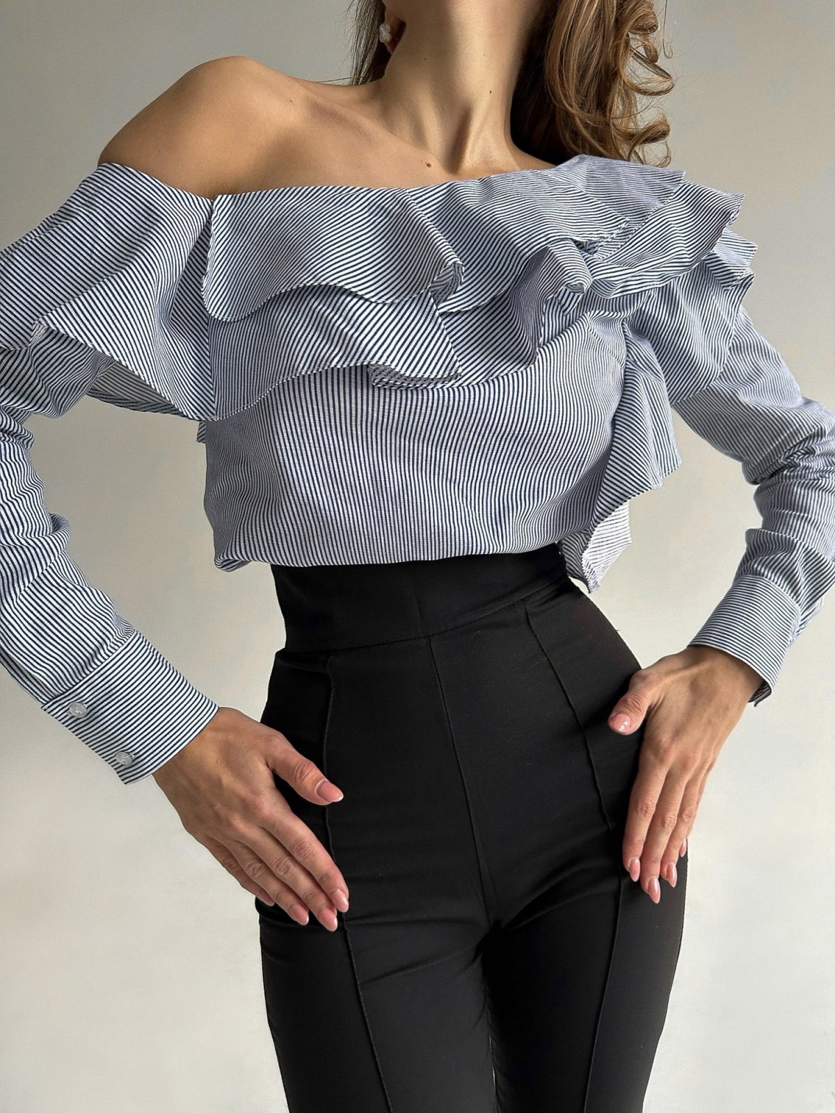 One-Shoulder Ruffle Blouse | Blue & White Stripe Asymmetric Top | GLOWSYOU-10