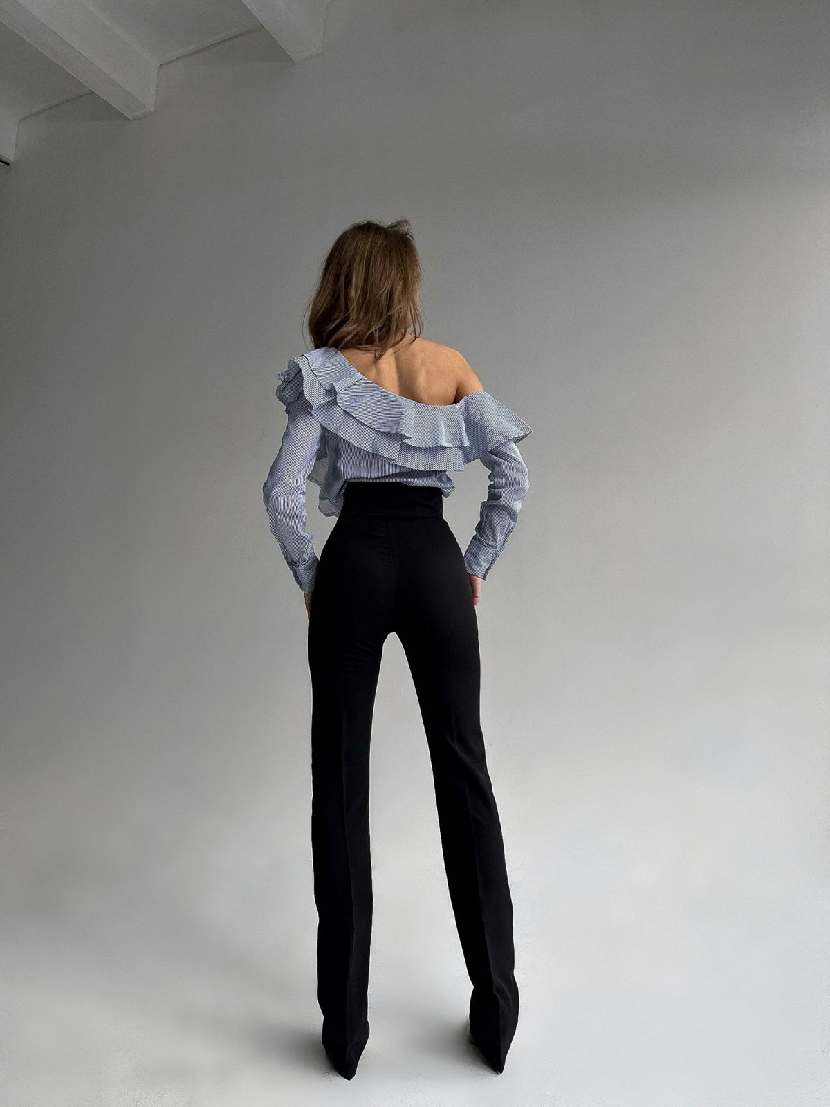 One-Shoulder Ruffle Blouse | Blue & White Stripe Asymmetric Top | GLOWSYOU-11