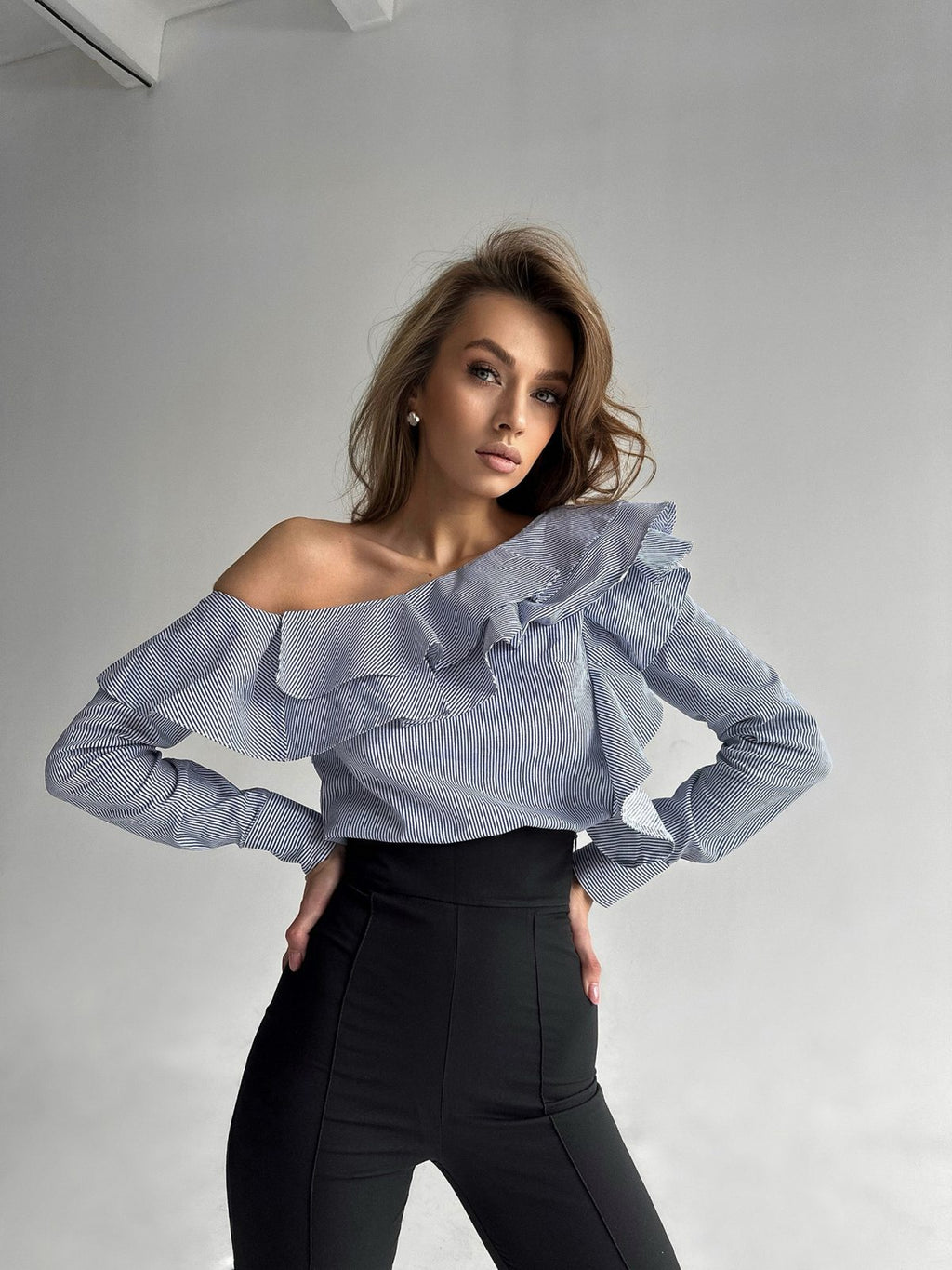 One-Shoulder Ruffle Blouse in Blue and White Stripe — Asymmetric Long Sleeve Cotton Top uk