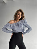 One-Shoulder Ruffle Blouse in Blue and White Stripe — Asymmetric Long Sleeve Cotton Top uk
