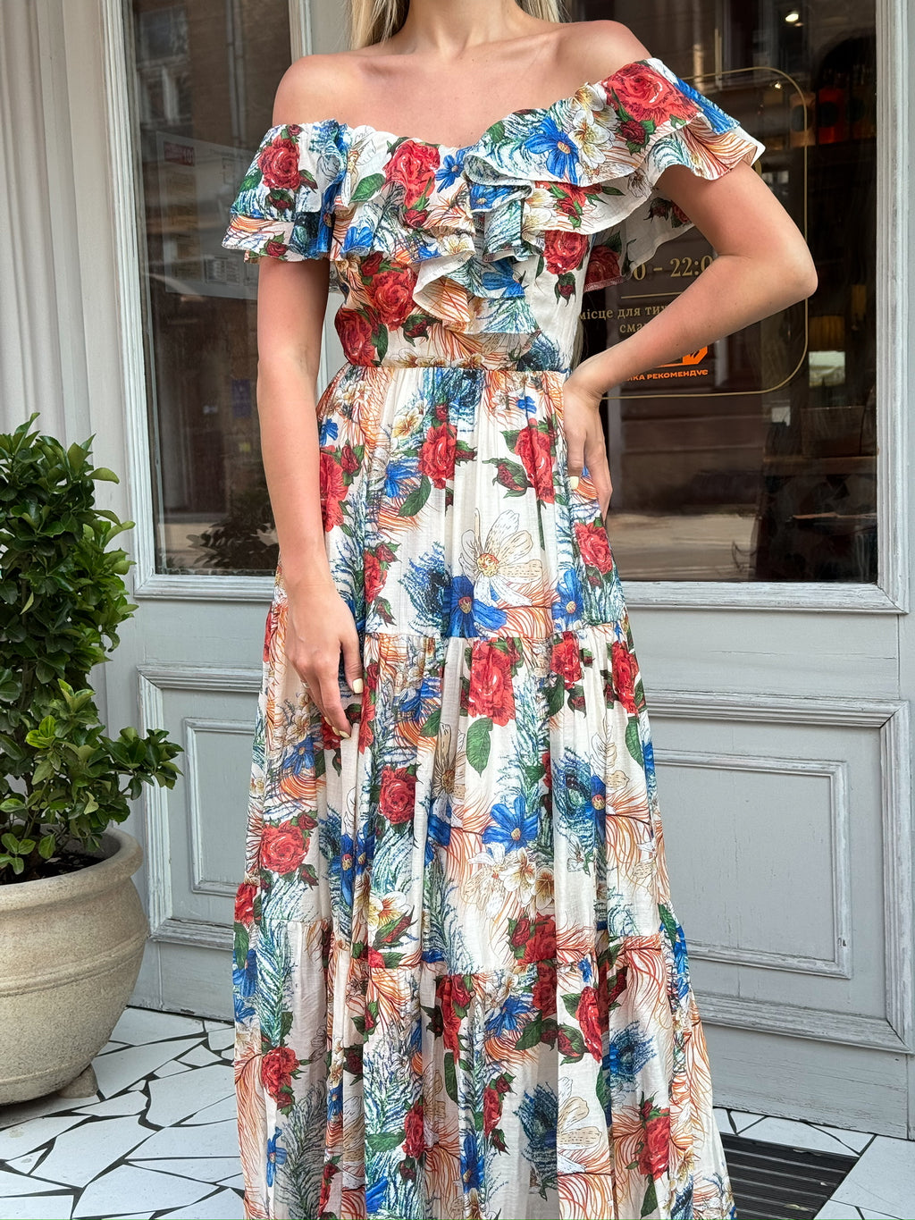 summer wedding guest off shoulder floral maxi dress