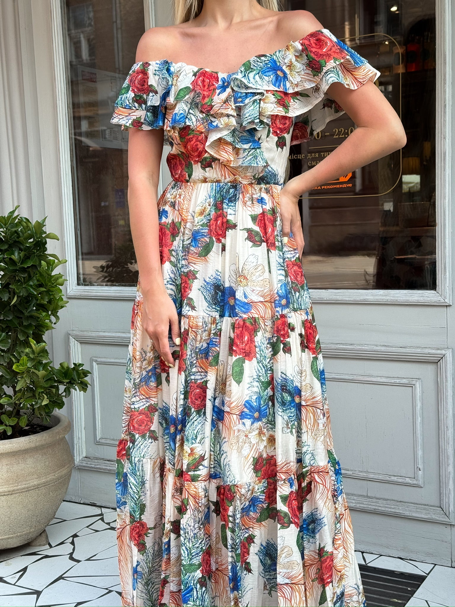 summer wedding guest off shoulder floral maxi dress