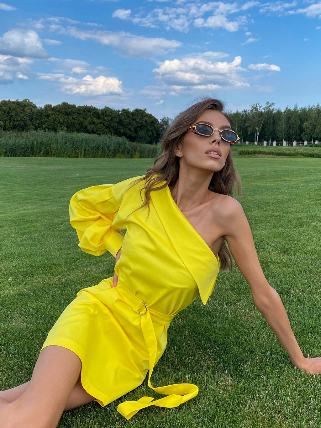 one-shoulder dress with pleated long sleeve