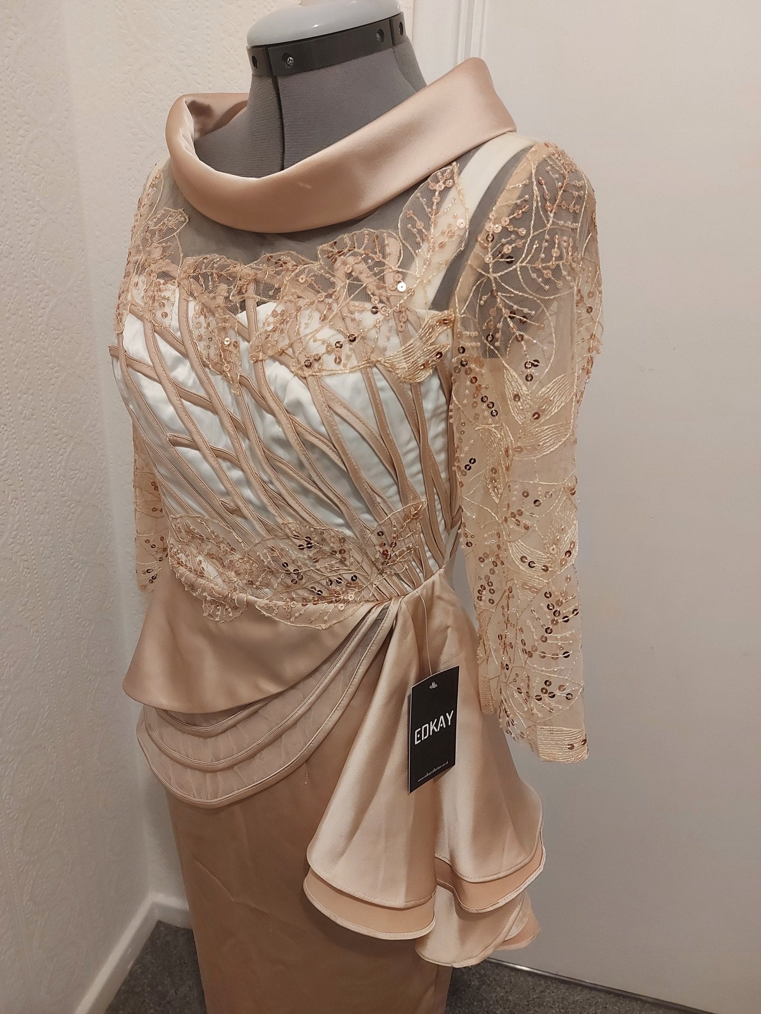 Champagne peplum lace appliqued mother of the bride dress-4