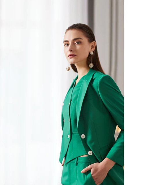 Green 3-piece midi pants suit with double breasted vest (UK size 10)-4