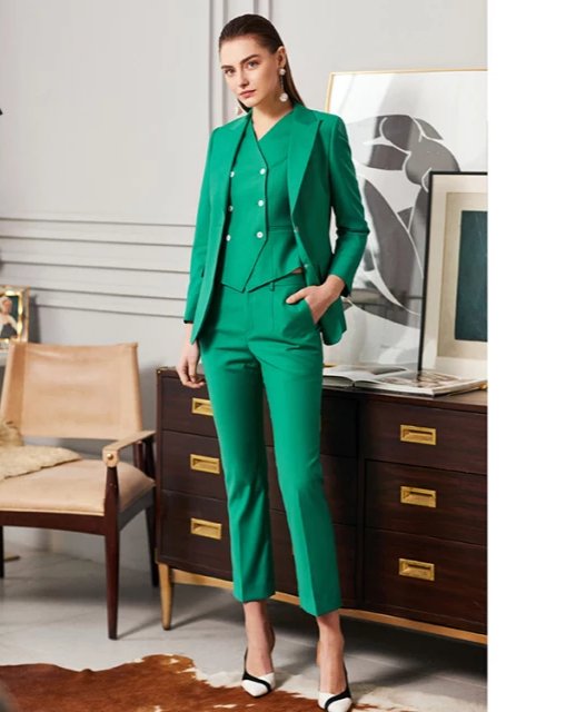 Green 3-piece midi pants suit with double breasted vest (UK size 10)-0