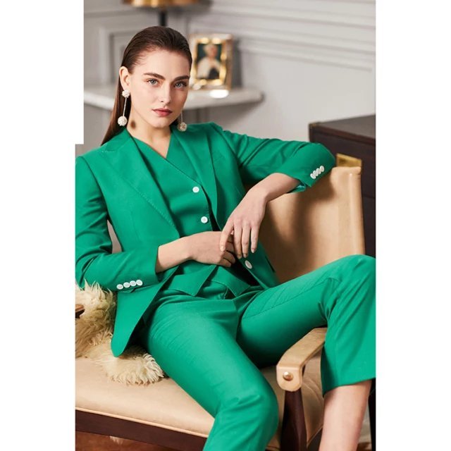 Green 3-piece midi pants suit with double breasted vest (UK size 10)-3