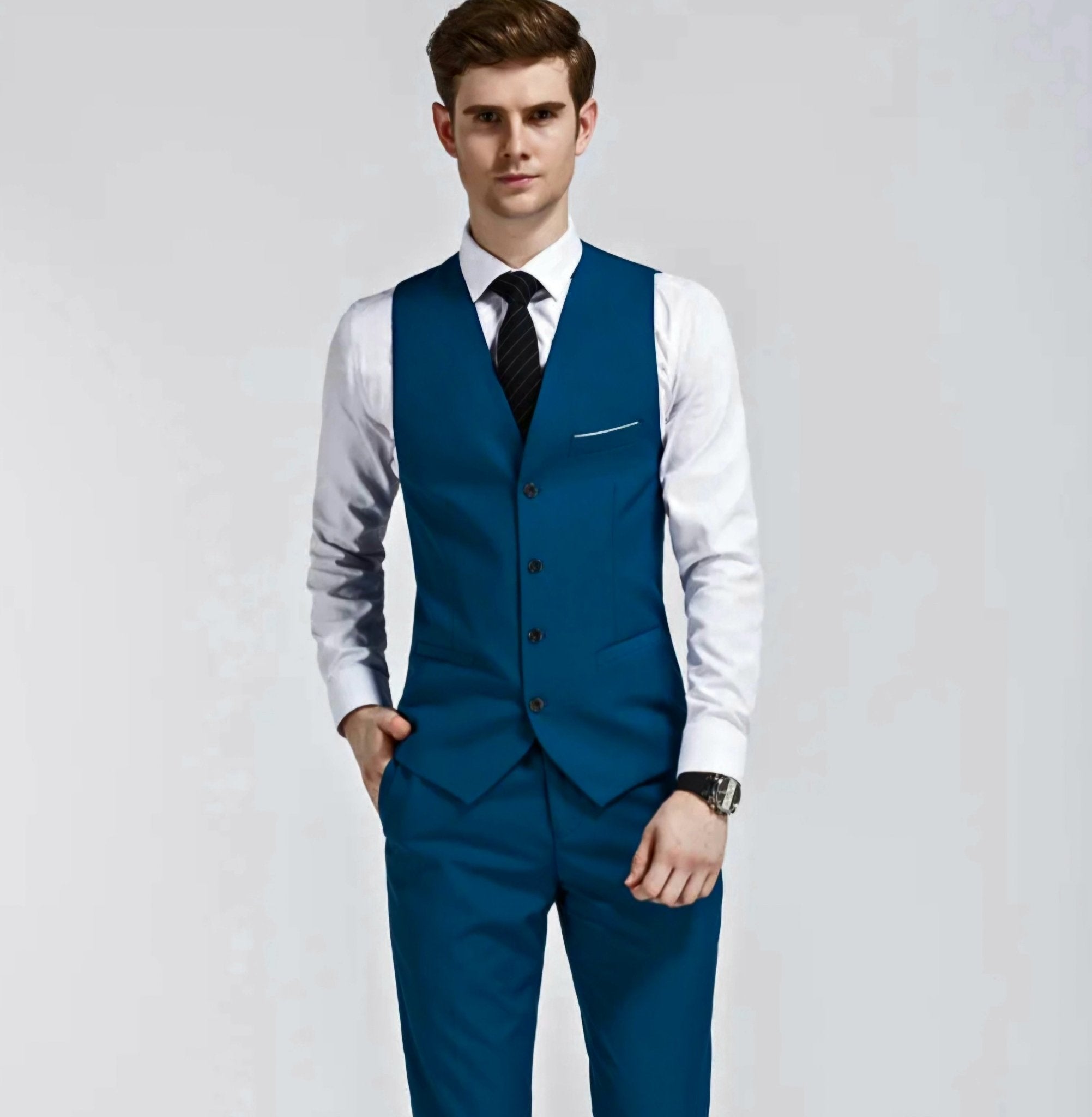 Teal blue 3-piece cotton suit with pocket square decoration-1