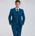 Teal blue 3-piece cotton suit with pocket square decoration-0