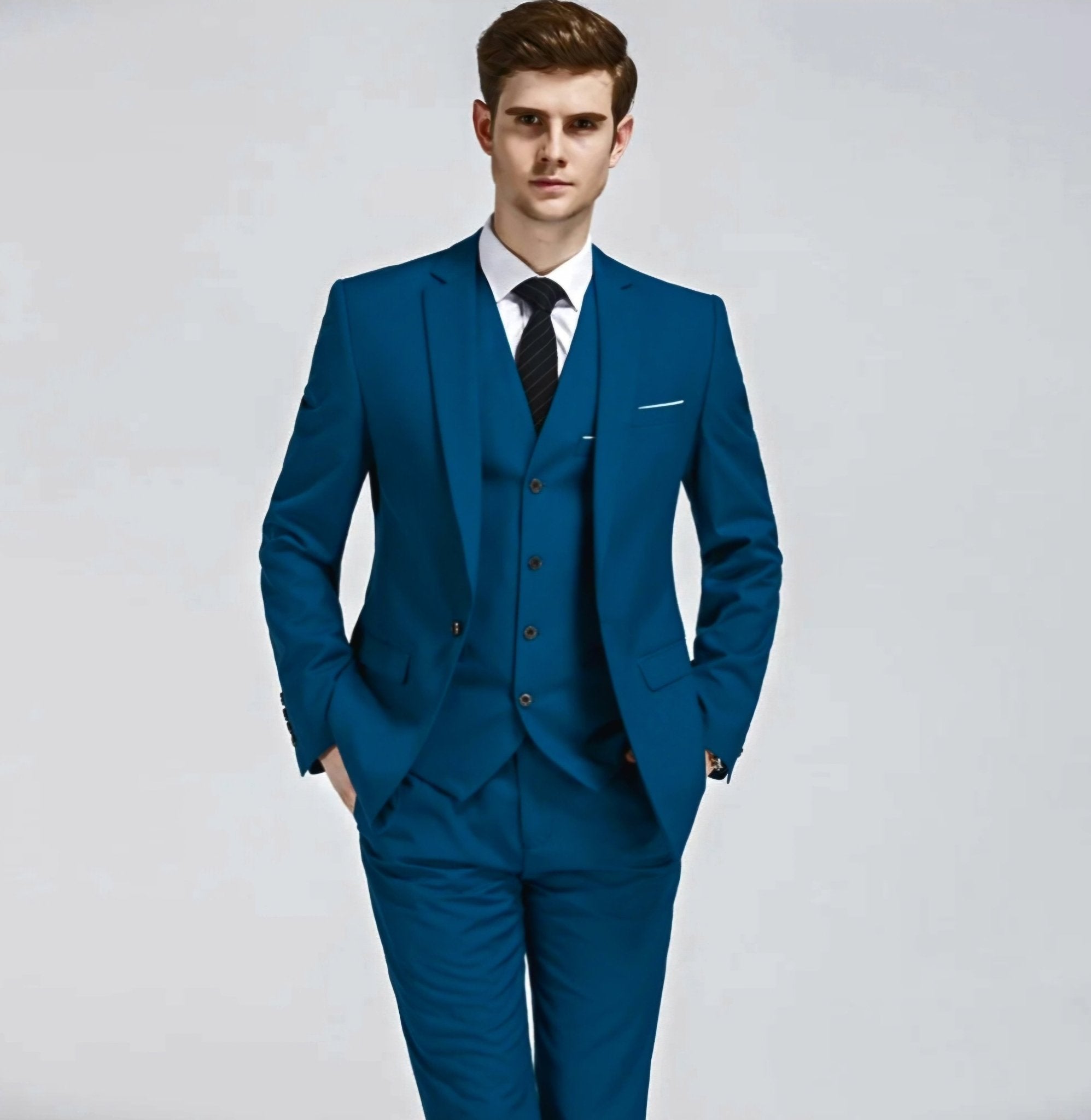 Teal blue 3-piece cotton suit with pocket square decoration-0