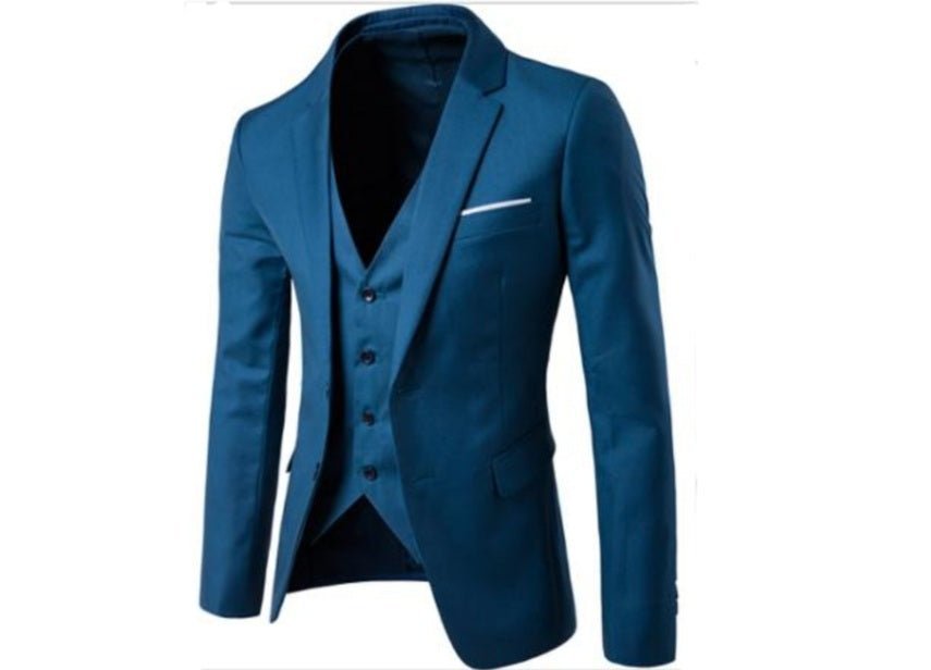 Teal blue 3-piece cotton suit with pocket square decoration-3