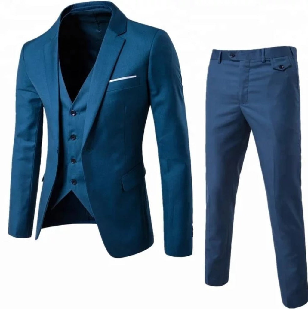 Teal blue 3-piece cotton suit with pocket square decoration-2
